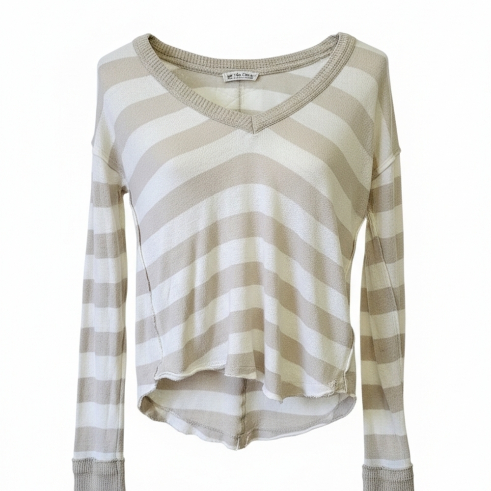 Free People Beige and White Striped Long Sleeve Sweater Top Extra Small XS